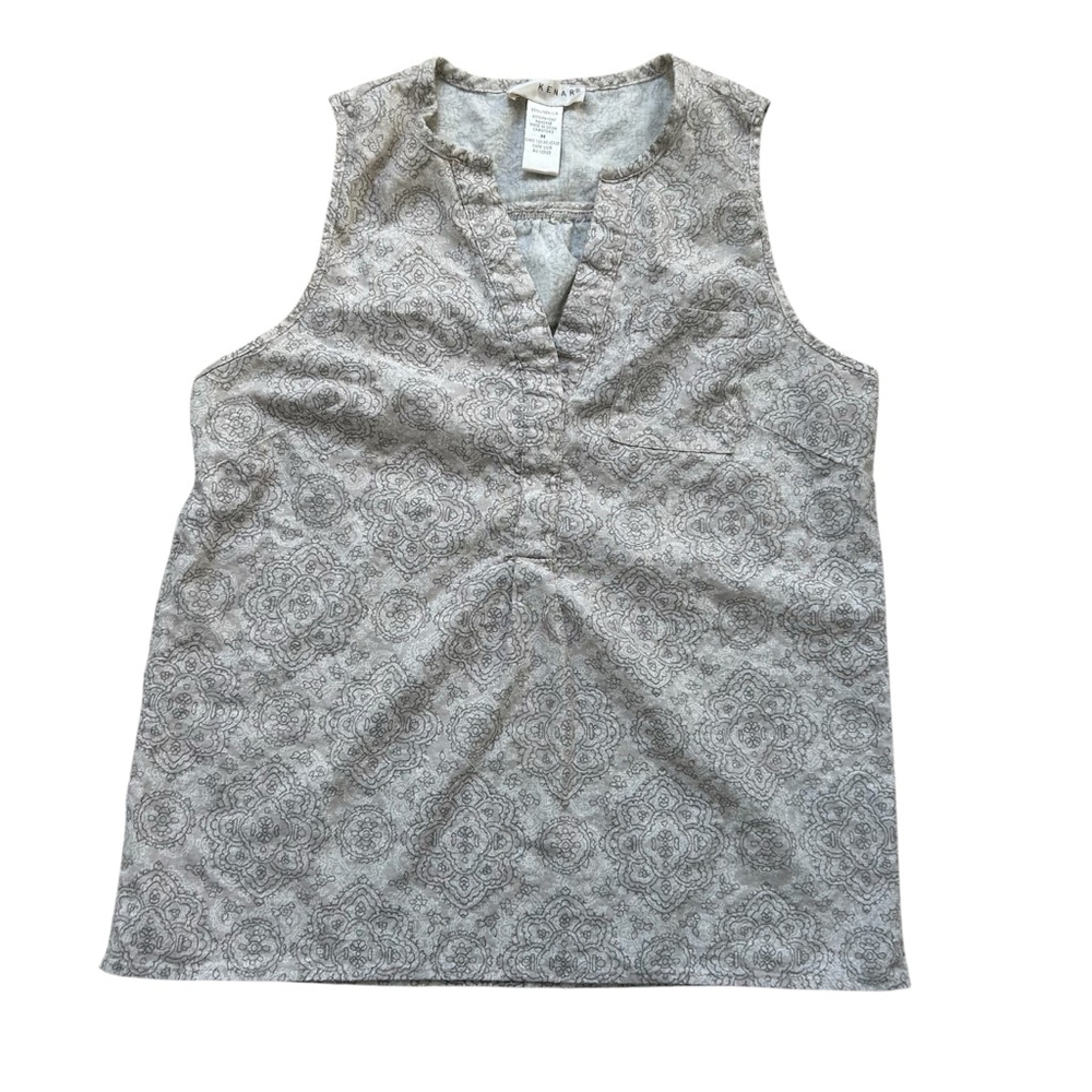 Women's Kenar Tank Top Size M Beige Gray Patterned Sleeveless Linen Blend Spring